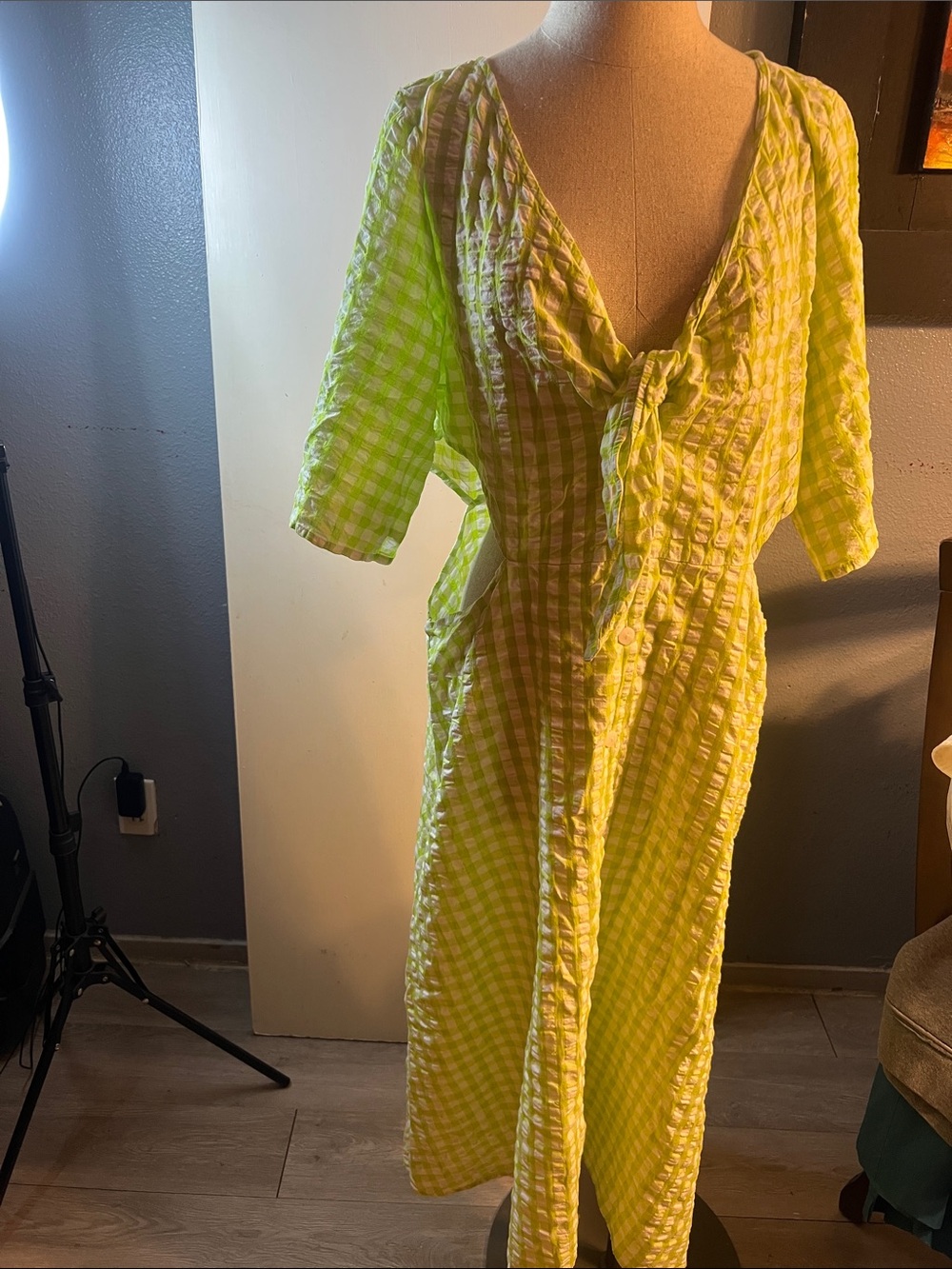 Lime Green Gingham Tie-Front Midi Dress